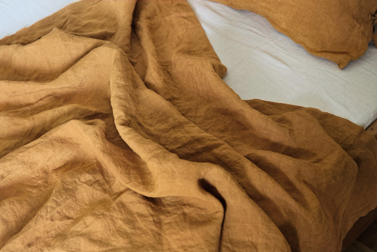 Jaisalmer Gold pure linen flat bed sheet by Love For Linen