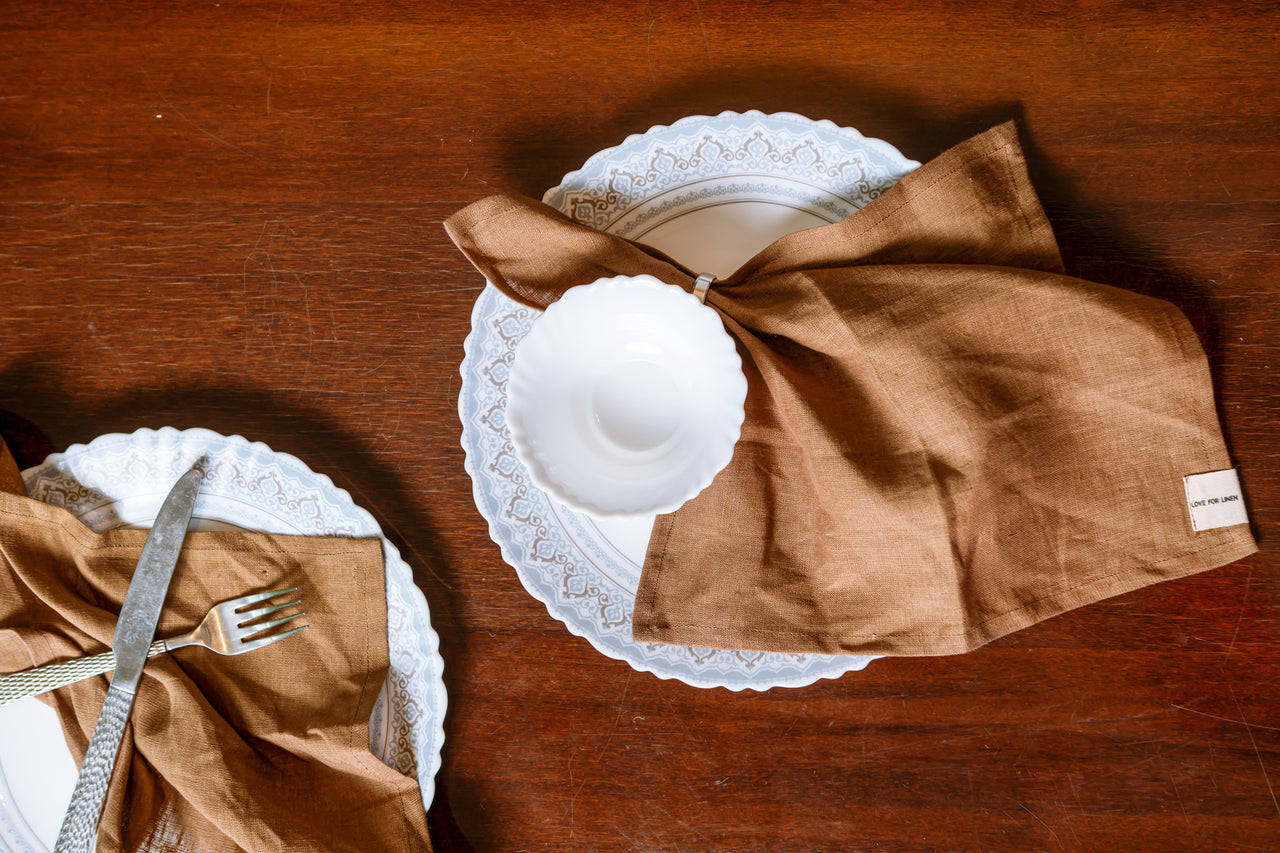 SOLID BROWN PURE LINEN NAPKINS - SET OF 6