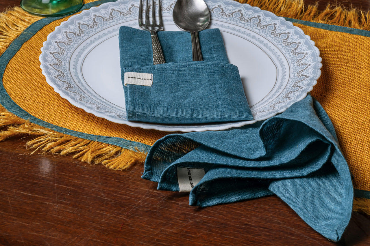 SOLID BLUE PURE LINEN NAPKINS - SET OF 6