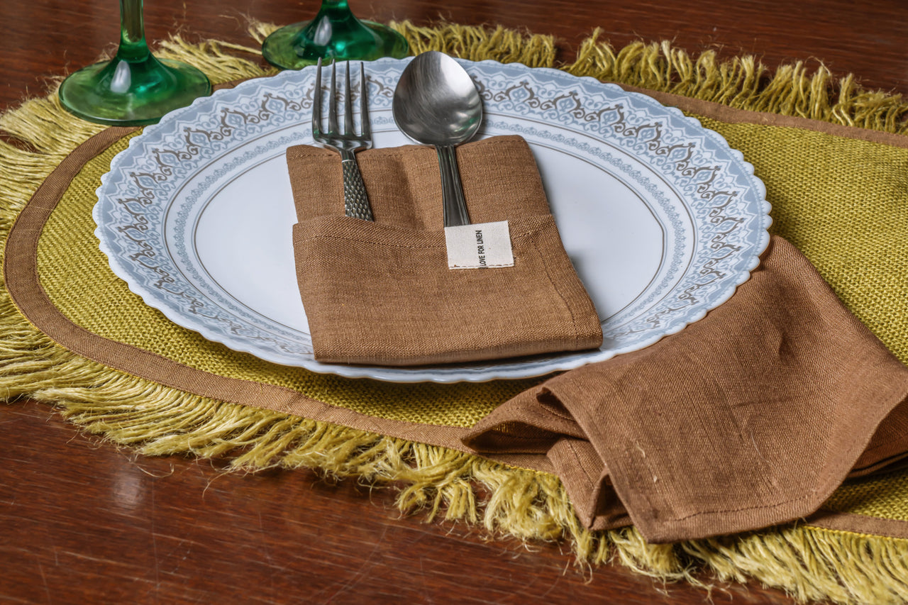 SOLID BROWN PURE LINEN NAPKINS - SET OF 6