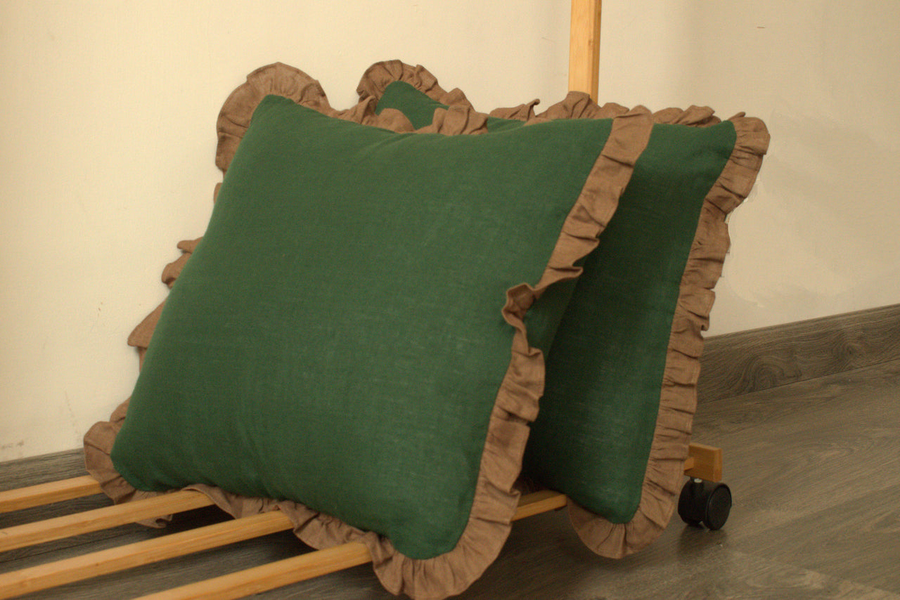 LINEN GREEN BROWN FRILLY CUSHION COVER