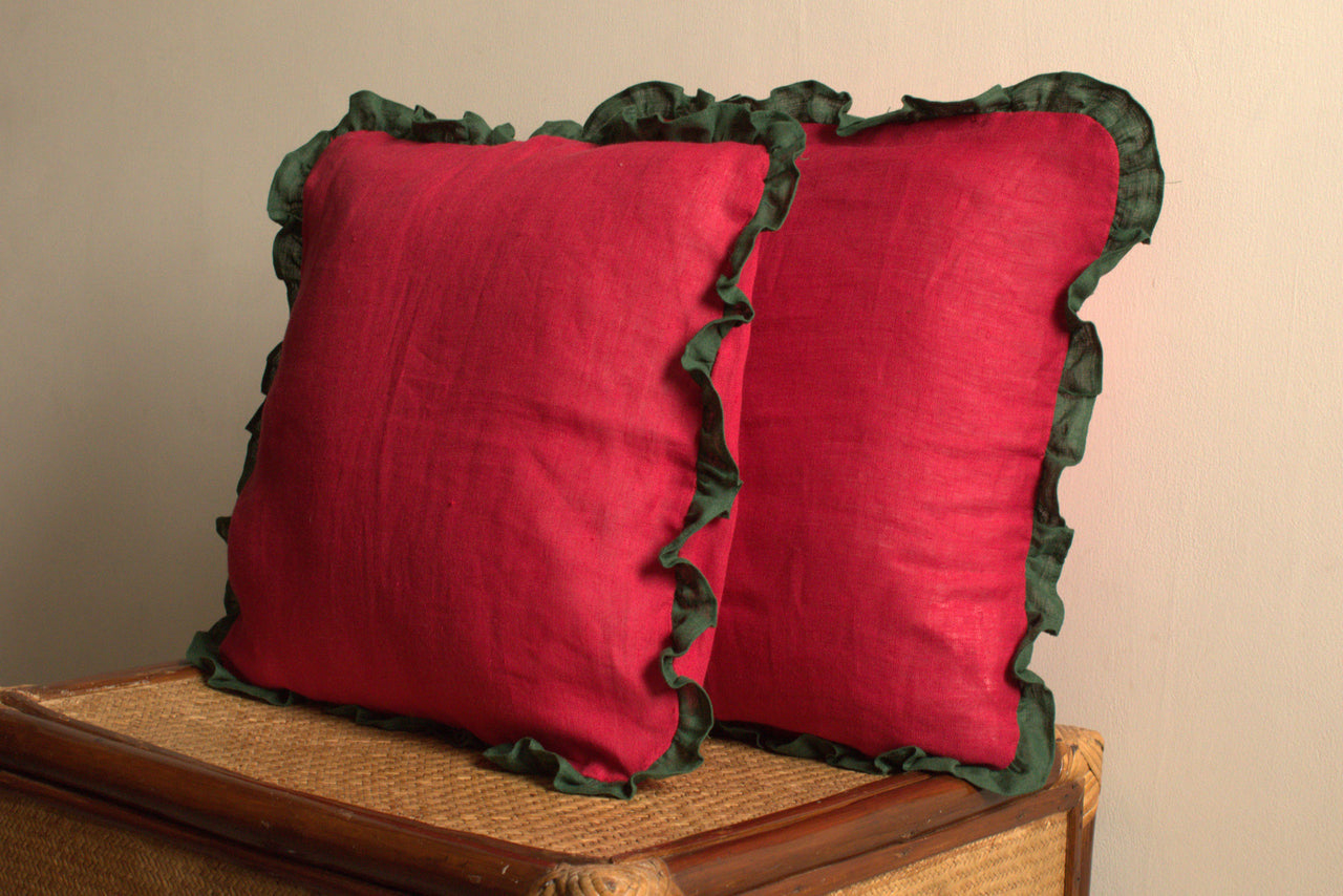 LINEN RED GREEN FRILLY CUSHION COVER