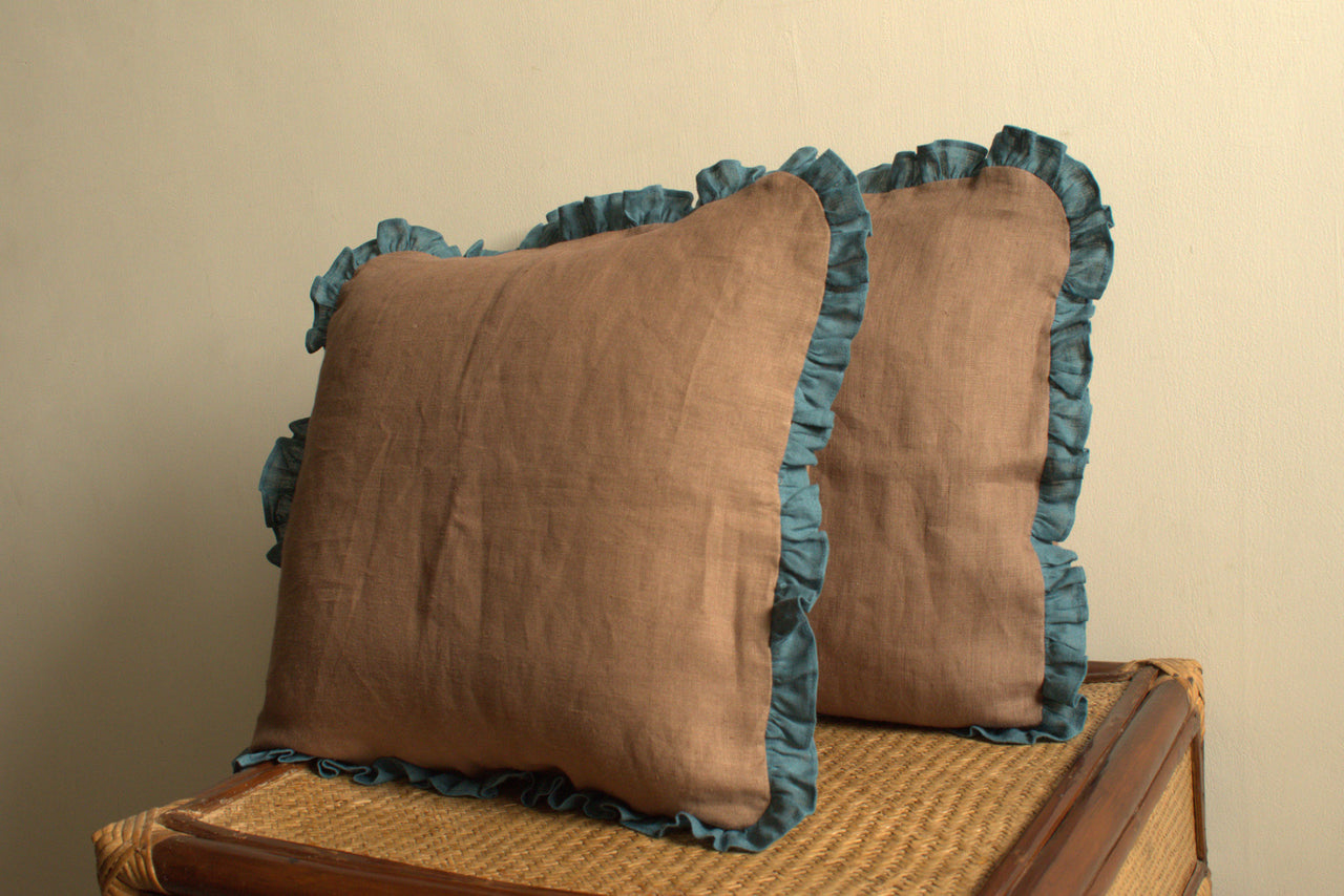 LINEN BROWN BLUE FRILLY CUSHION COVER