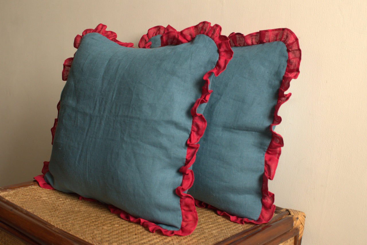 LINEN RED BLUE FRILLY CUSHION COVER