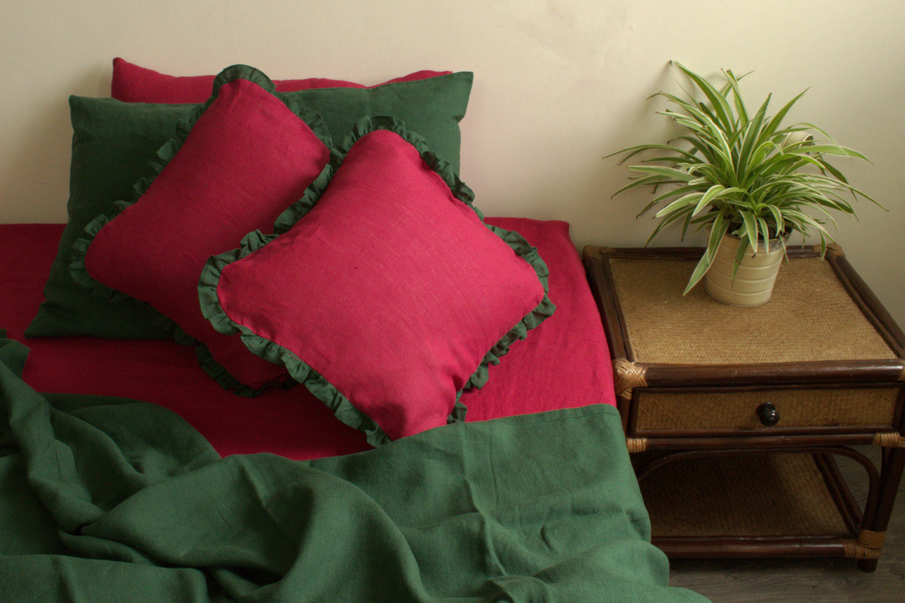 LINEN RED GREEN FRILLY CUSHION COVER