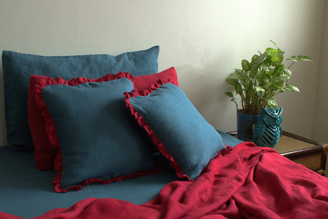 LINEN RED BLUE FRILLY CUSHION COVER