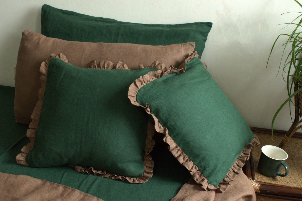 LINEN GREEN BROWN FRILLY CUSHION COVER