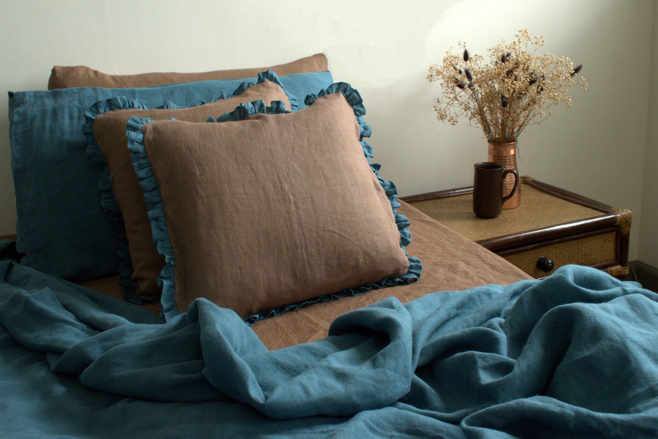 LINEN BROWN BLUE FRILLY CUSHION COVER