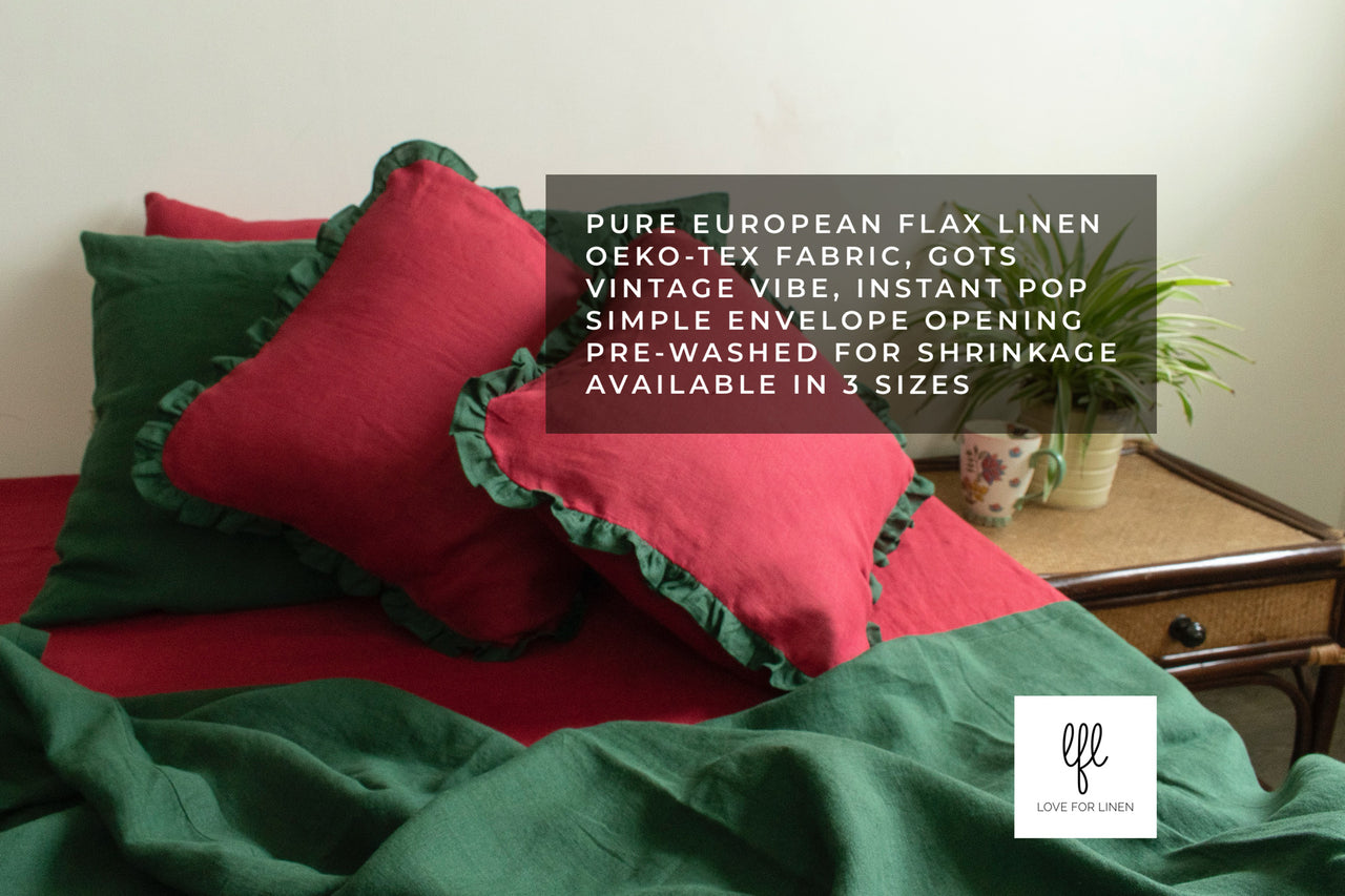 LINEN RED GREEN FRILLY CUSHION COVER