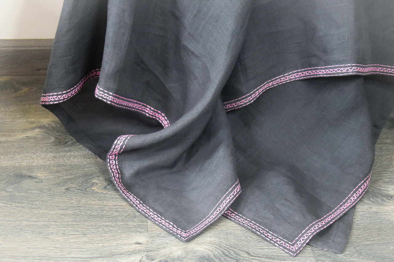 GREY LINEN THROW- HAND EMBROIDERED