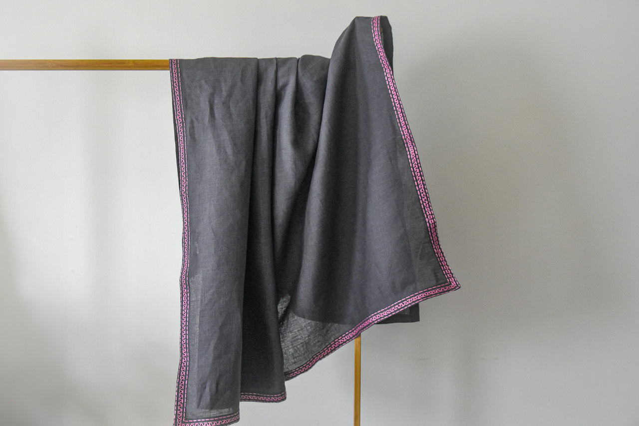 GREY LINEN THROW- HAND EMBROIDERED