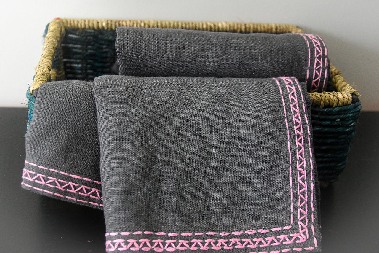 Grey Hand Embroidered pure linen throw blanket by Love For Linen