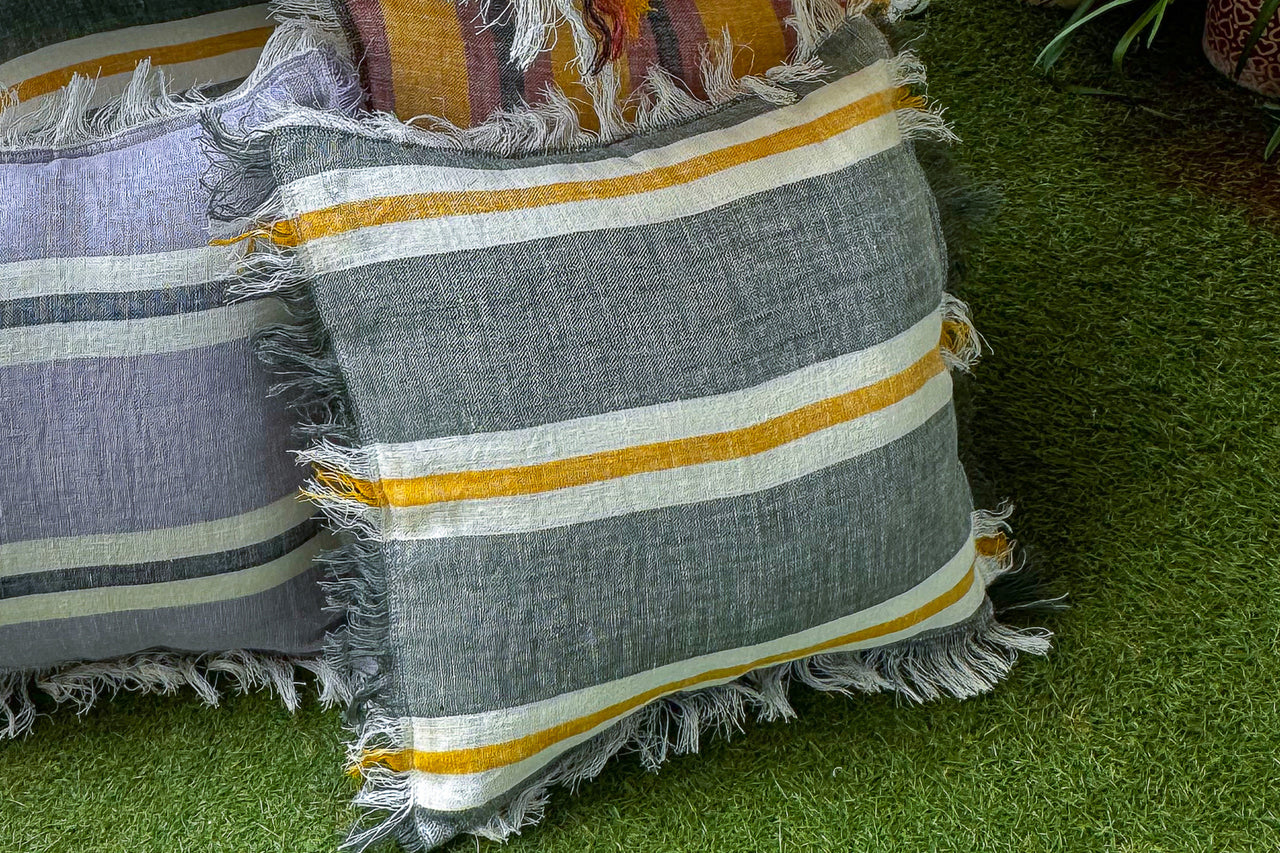 LINEN CUSHION COVER - HAND FRINGED