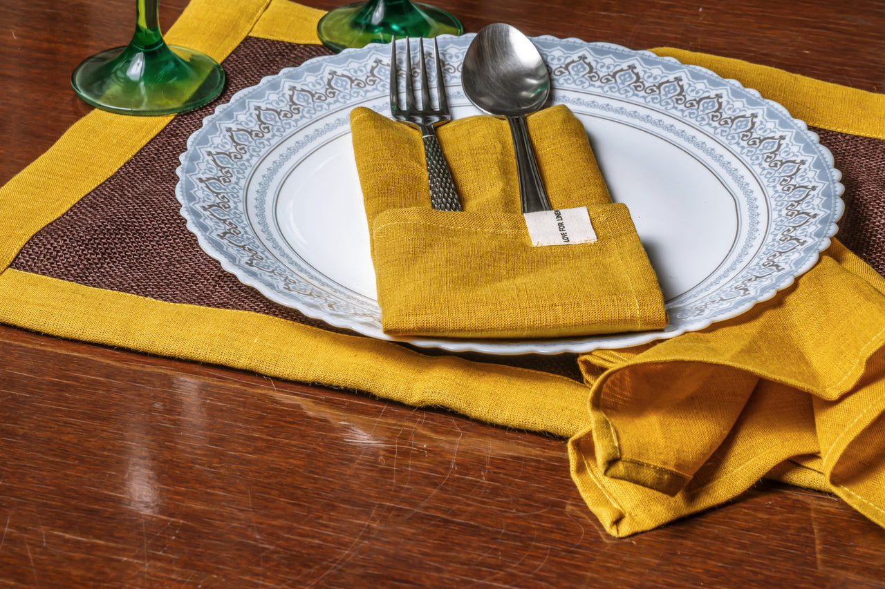 SOLID YELLOW PURE LINEN NAPKINS - SET OF 6